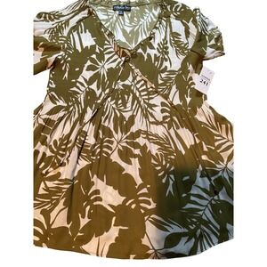 Harper 241 Tropical Leaf Print Smocked Blouse Top Green White Size M